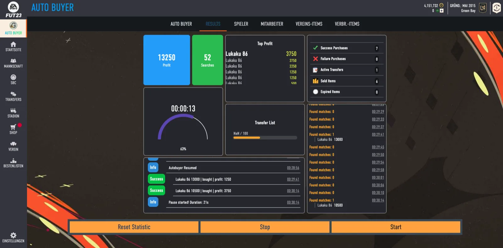 The EAFC Sniping Bot dashboard showing live snipe activity